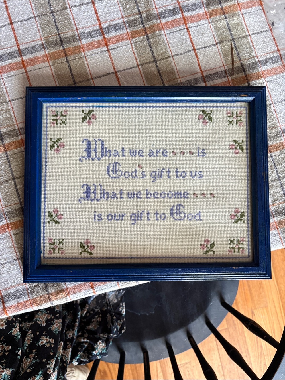 Vintage Blue Framed Cross-Stitch Inspirational Quote